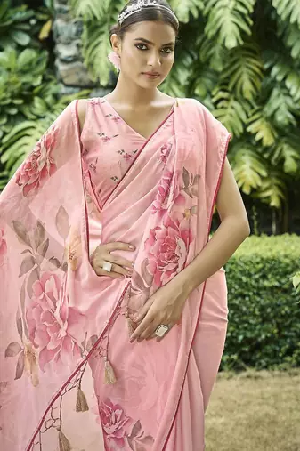 peach women floral printed satin saree with blouse piece