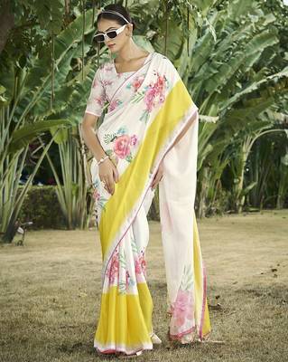 cream floral printed satin saree 1