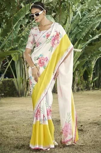 cream floral printed satin saree