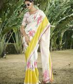 cream floral printed satin saree
