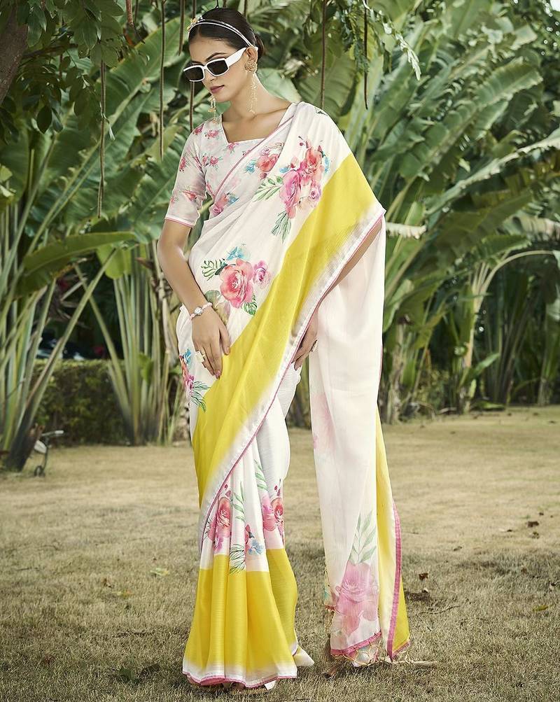 cream floral printed satin saree