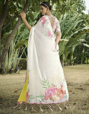 cream floral printed satin saree 2