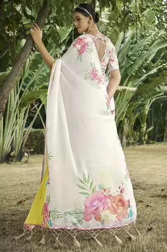 cream floral printed satin saree