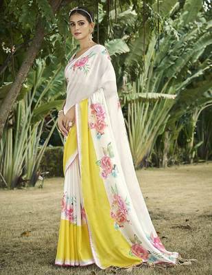 cream floral printed satin saree 3