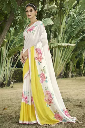 cream floral printed satin saree