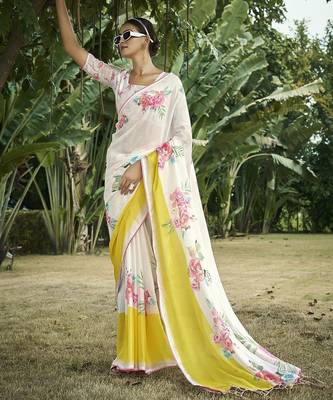 cream floral printed satin saree 4