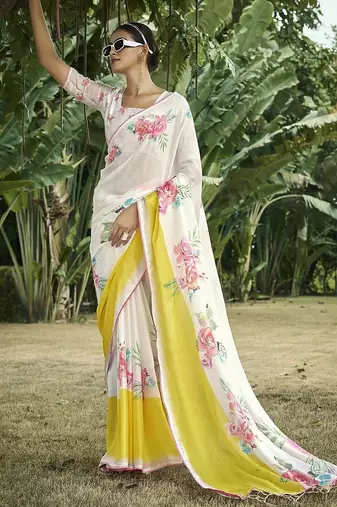 cream floral printed satin saree