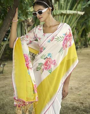 cream floral printed satin saree 5
