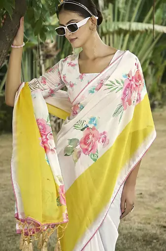 cream floral printed satin saree