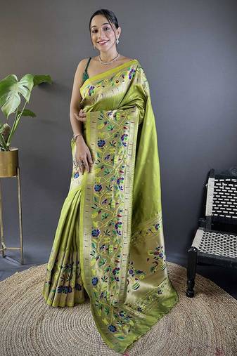 green woven design zari paithani saree with unstitched blouse piece