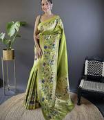 green woven design zari paithani saree with unstitched blouse piece