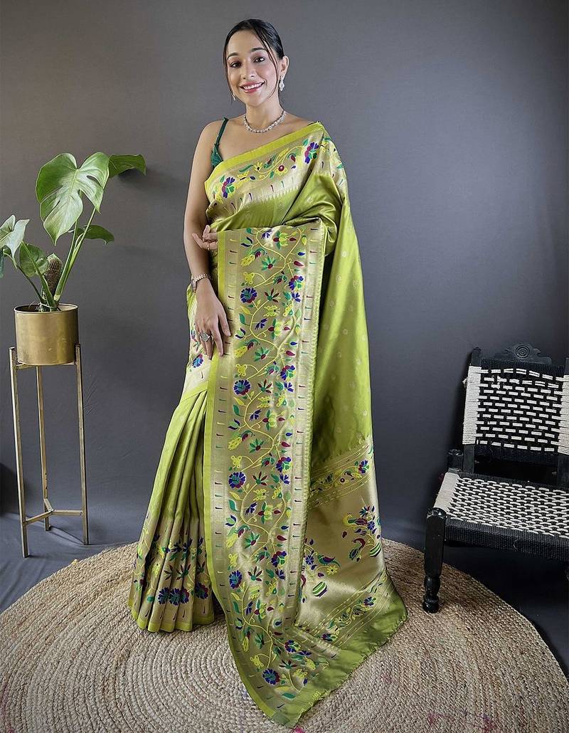 green woven design zari paithani saree with unstitched blouse piece