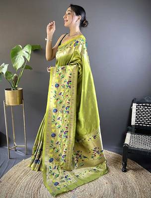 green woven design zari paithani saree with unstitched blouse piece 2