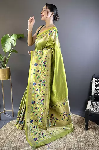 green woven design zari paithani saree with unstitched blouse piece