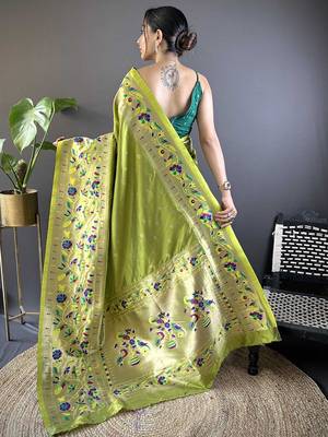 green woven design zari paithani saree with unstitched blouse piece 3