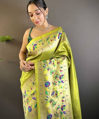 green woven design zari paithani saree with unstitched blouse piece 4