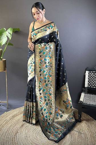 black woven design zari paithani saree