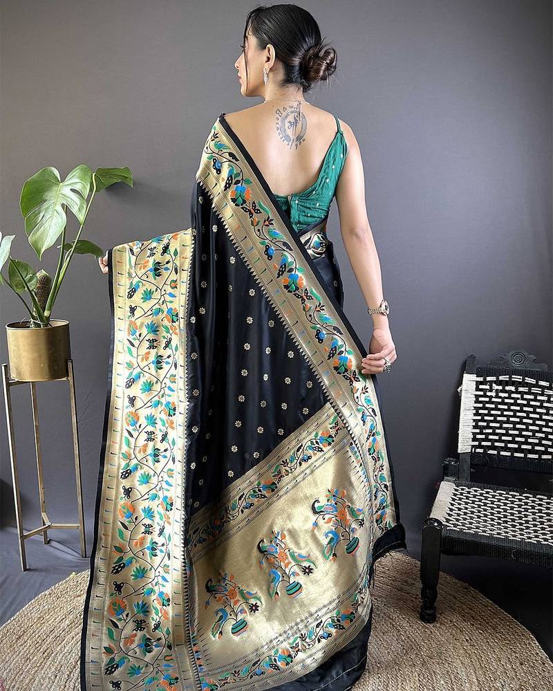 black woven design zari paithani saree