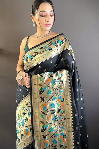 black woven design zari paithani saree