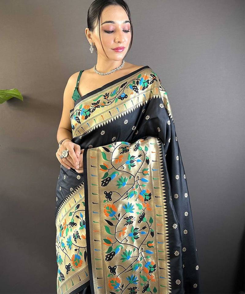 black woven design zari paithani saree