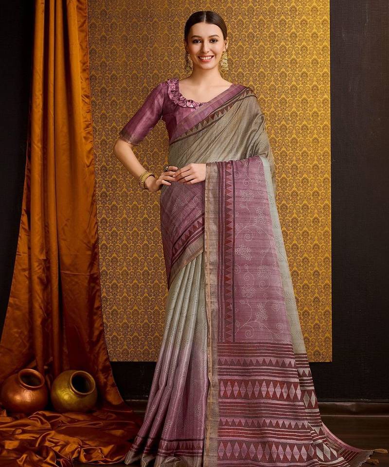 brown floral zari saree