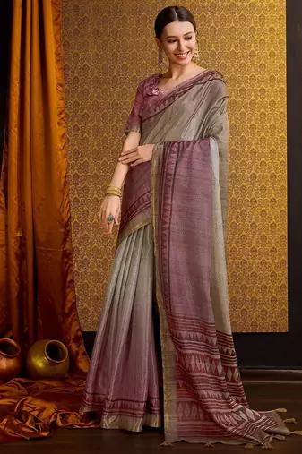 brown floral zari saree