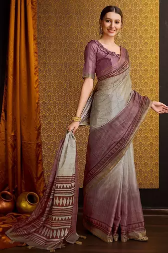 brown floral zari saree