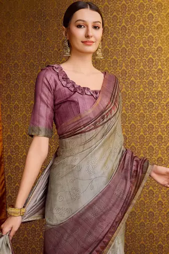 brown floral zari saree