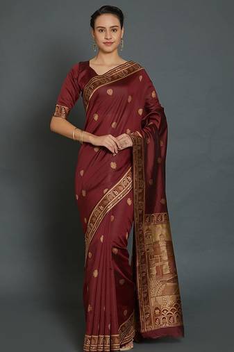 maroon maroon & beige ethnic motifs zari silk blend banarasi saree