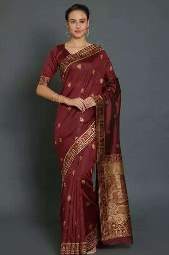 maroon maroon & beige ethnic motifs zari silk blend banarasi saree