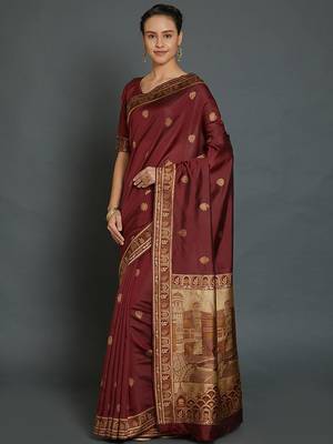 maroon maroon & beige ethnic motifs zari silk blend banarasi saree 2