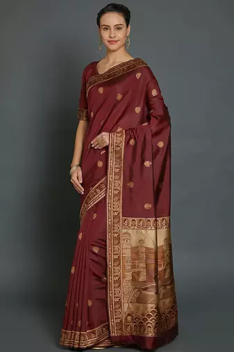 maroon maroon & beige ethnic motifs zari silk blend banarasi saree