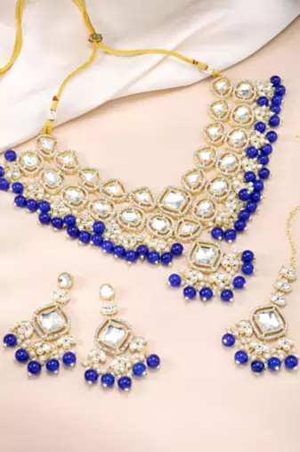 gold plated cz crystal stone studded & beaded jewellery set