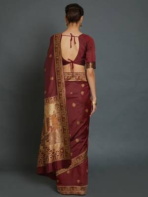 maroon maroon & beige ethnic motifs zari silk blend banarasi saree 3