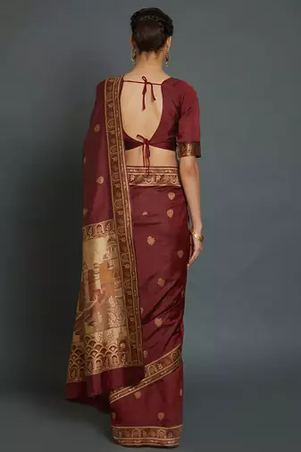 maroon maroon & beige ethnic motifs zari silk blend banarasi saree