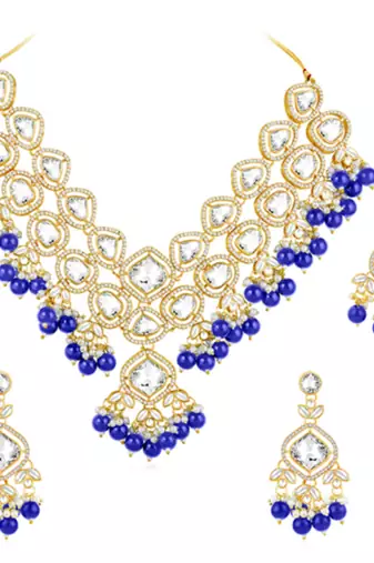 gold plated cz crystal stone studded & beaded jewellery set