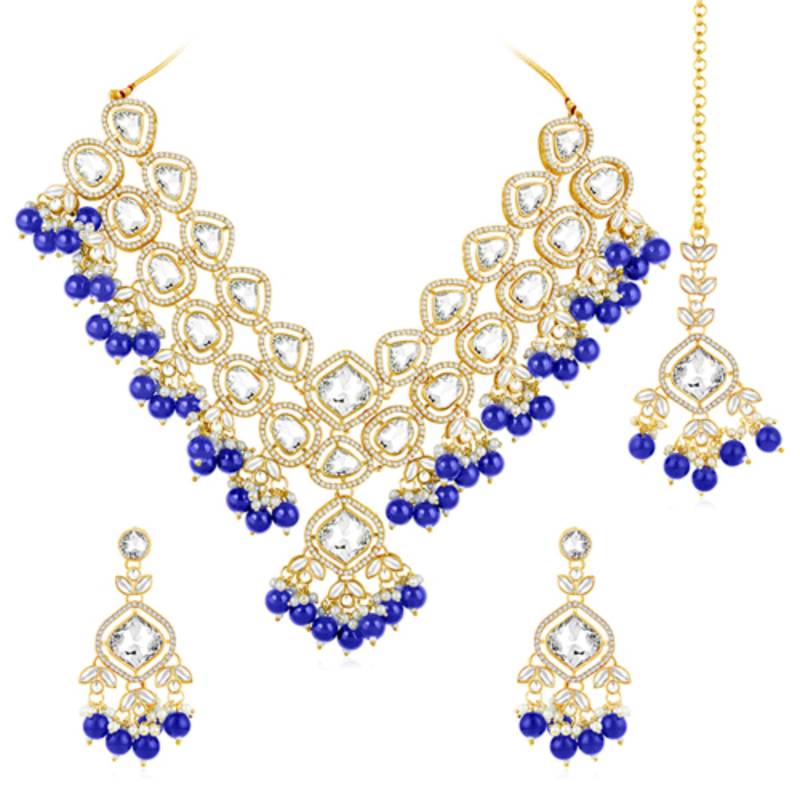 gold plated cz crystal stone studded & beaded jewellery set