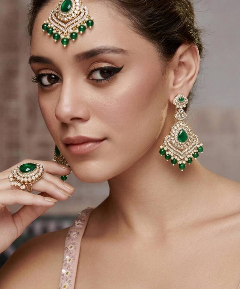 gold-plated kundan maang tika and earrings