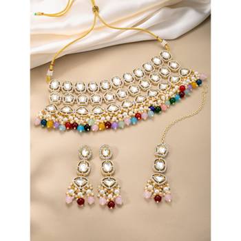 gold-plated stone-studded & beaded jewellery set 1