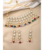 gold-plated stone-studded & beaded jewellery set