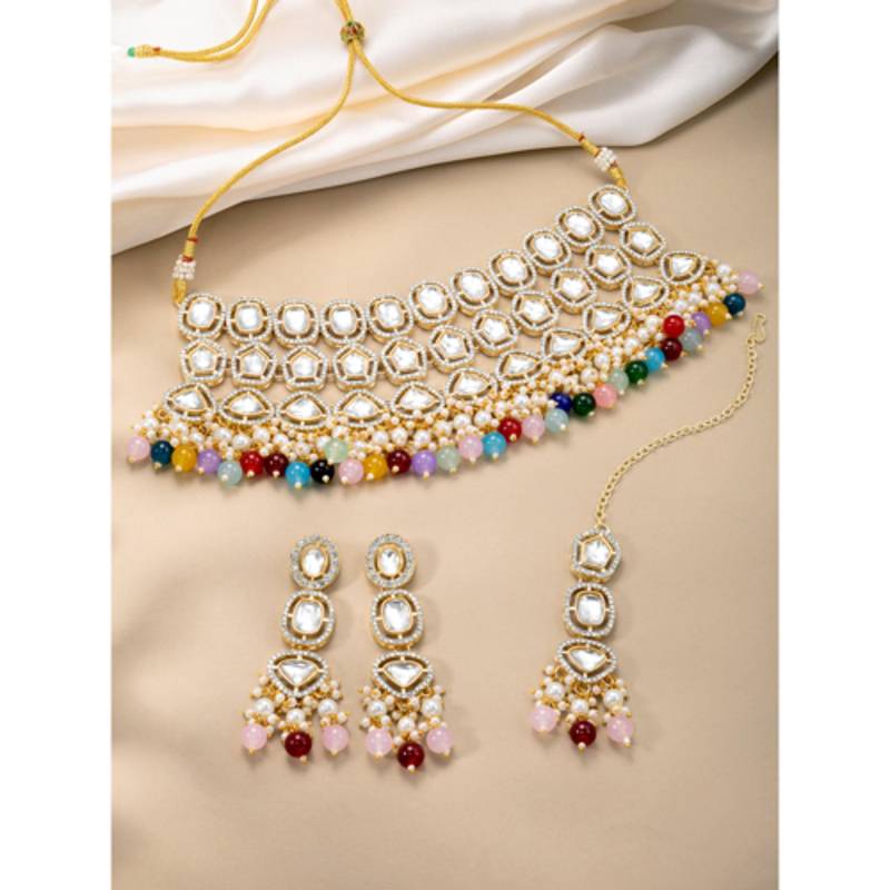 gold-plated stone-studded & beaded jewellery set