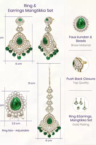 gold-plated kundan maang tika and earrings