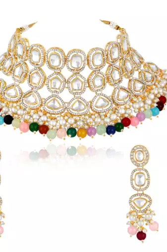 gold-plated stone-studded & beaded jewellery set