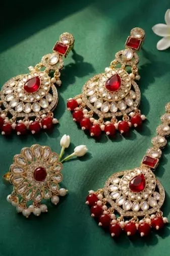 gold-plated antique kundan maang tika and earrings