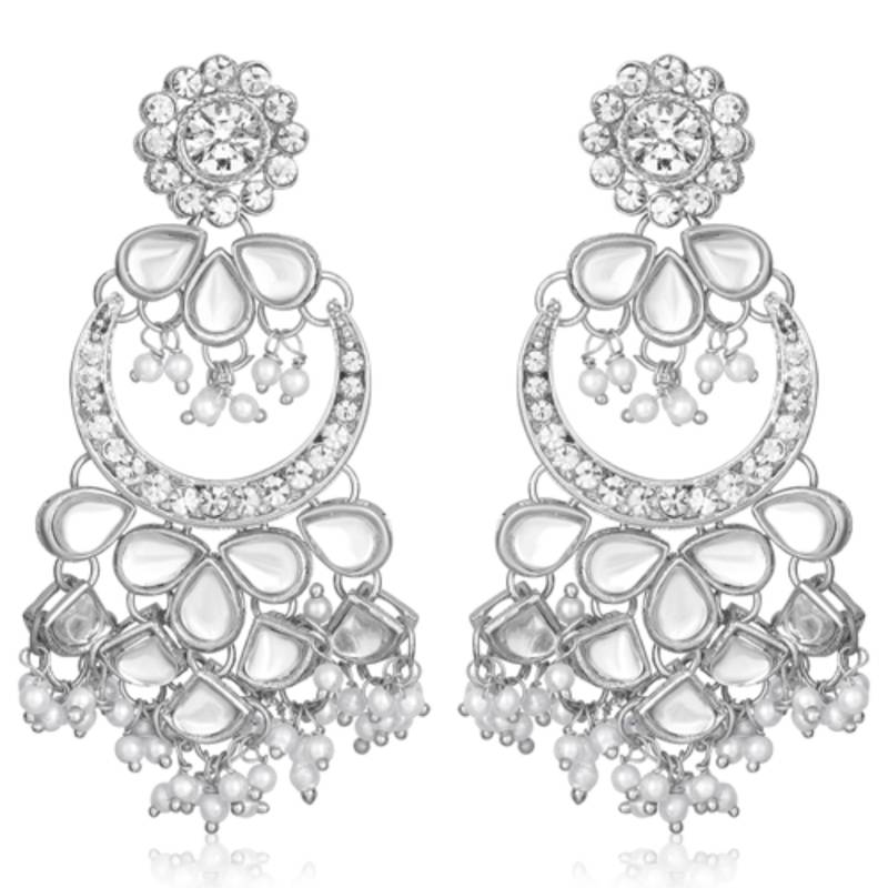 silver-plated crystal-studded & beaded jewellery set with maangtikka