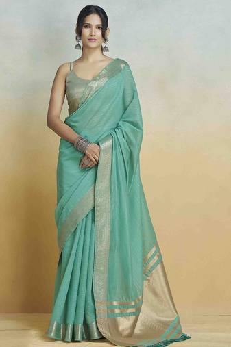 turquoise woven design zari saree