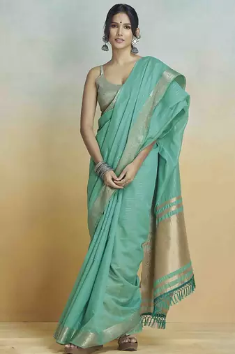 turquoise woven design zari saree