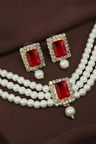 white & maroon gold-plated stone studded handcrafted jewellery set