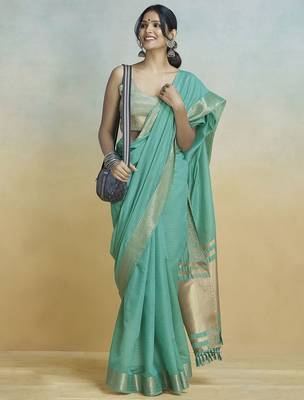 turquoise woven design zari saree 3