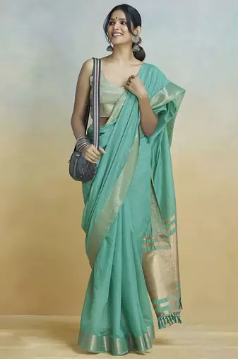 turquoise woven design zari saree